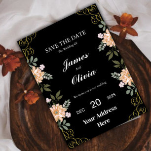 Élégant Faire-part de mariage floral noir et or