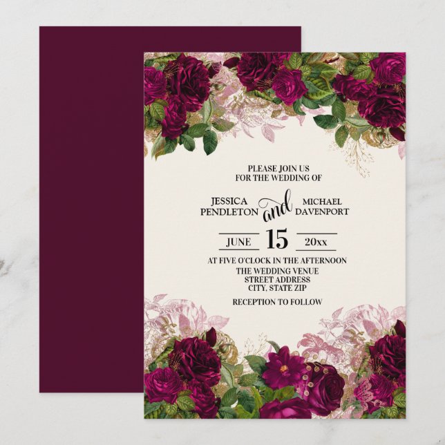 Élégant Faire-part de mariage Floral Plum violet f (Devant / Derrière)