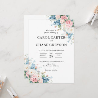 Élégant Faire-part de Mariage Floral Rose et Bleu