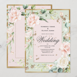 Élégant Faire-part de mariage floral rose vert