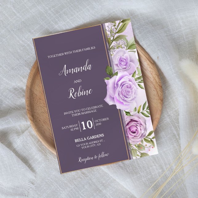 Élégant Faire-part de mariage floral violet foncé (Créateur téléchargé)