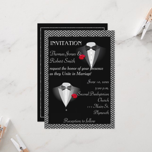 Elégant Faire-part de mariage Gay Tuxedo (Devant/Arrière en situation)