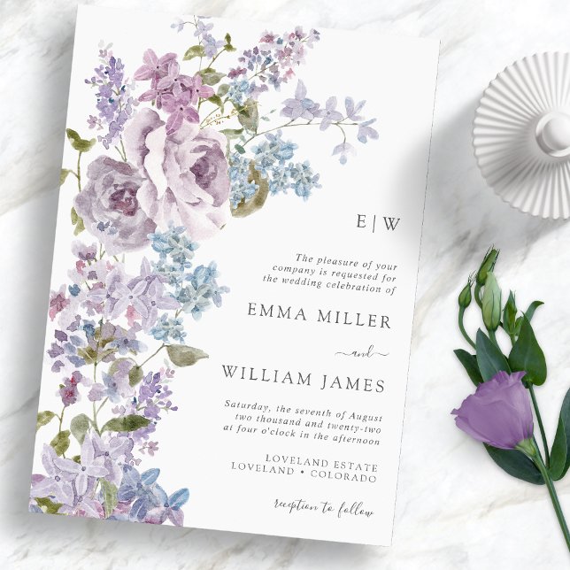 Élégant Faire-part de mariage Lilac (Elegant Watercolor Lilac Wedding Invitation Monogram by Painted Paperie)