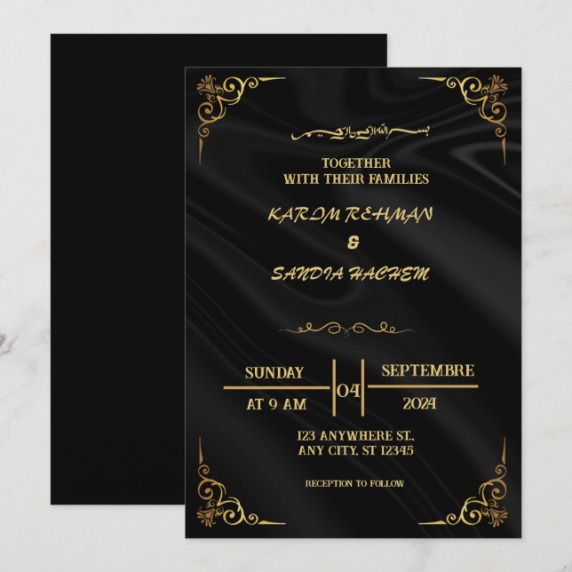Elégant Faire-part de mariage musulman noir et or (Devant / Derrière)
