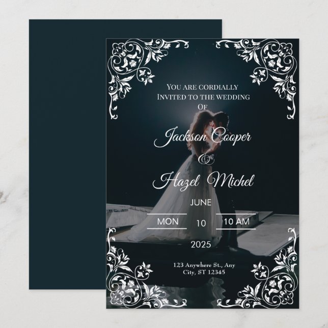 Élégant faire-part de mariage noir & or (Devant / Derrière)