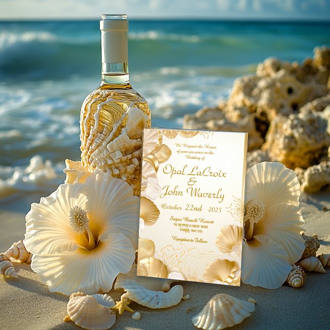 Élégant Faire-part de mariage Opal et Gold Seashel (Elegant Coastal Destination Wedding Opal and Gold Seashells Wedding Invitation )