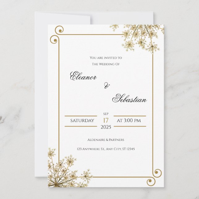 Elégant Faire-part de mariage or avec Accent Flora (Devant)