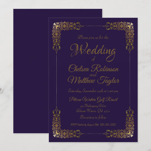 Elégant Faire-part de mariage or et dentelle viole