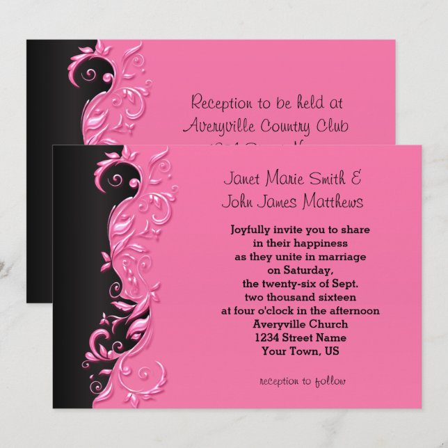 Élégant Faire-part de mariage rose et noir (Devant / Derrière)