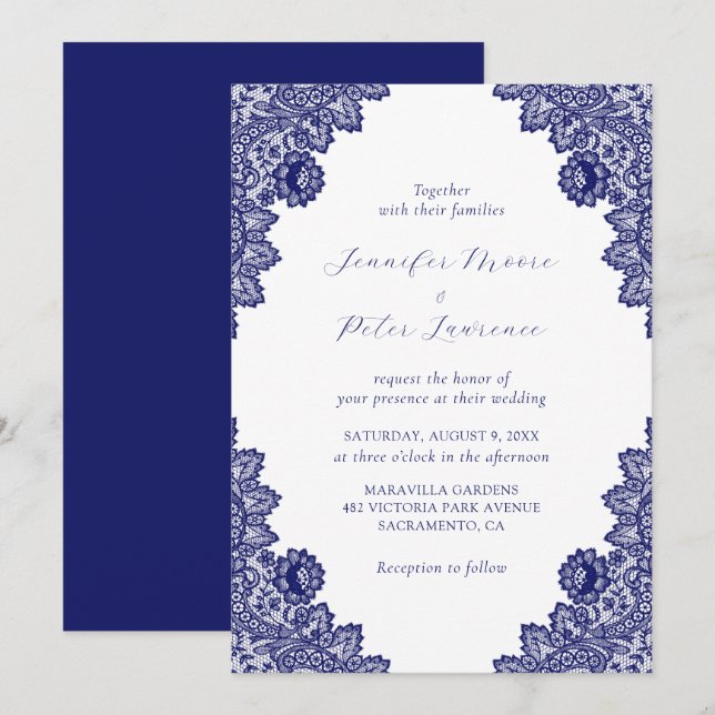 Elégant Faire-part de mariage Royal Blue Lace (Devant / Derrière)