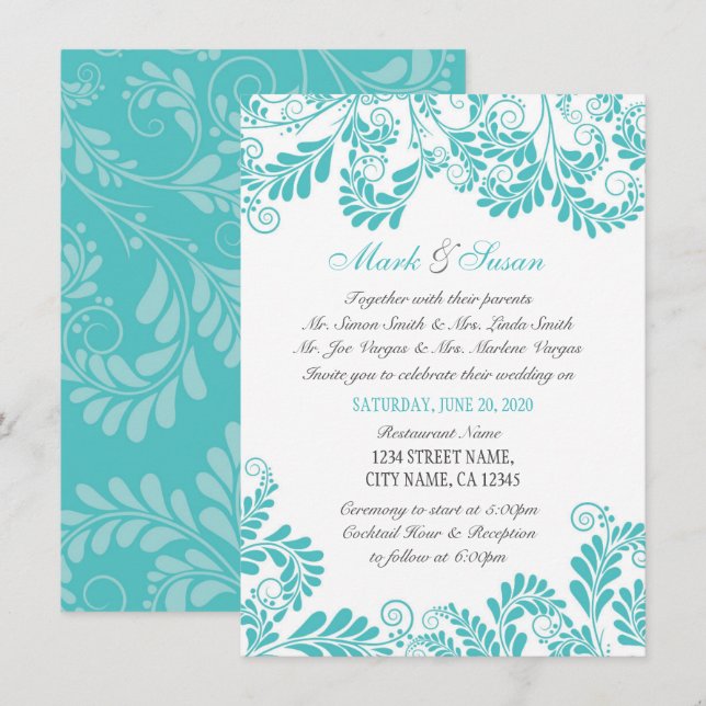 Élégant Faire-part de mariage turquoise fleurie (Devant / Derrière)