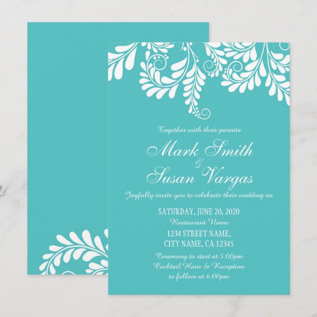 Élégant Faire-part de mariage Turquoise Flourdissa (Devant / Derrière)
