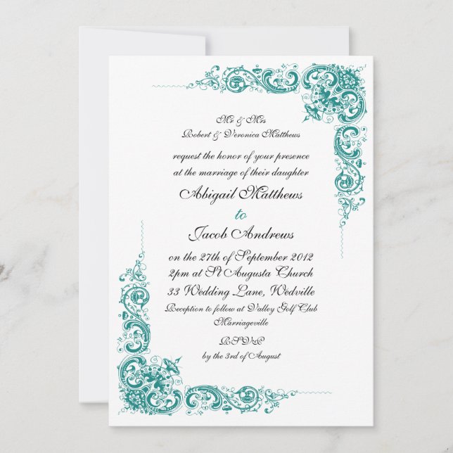 Élégant Faire-part de mariage Turquoise Noir Et Bl (Devant)