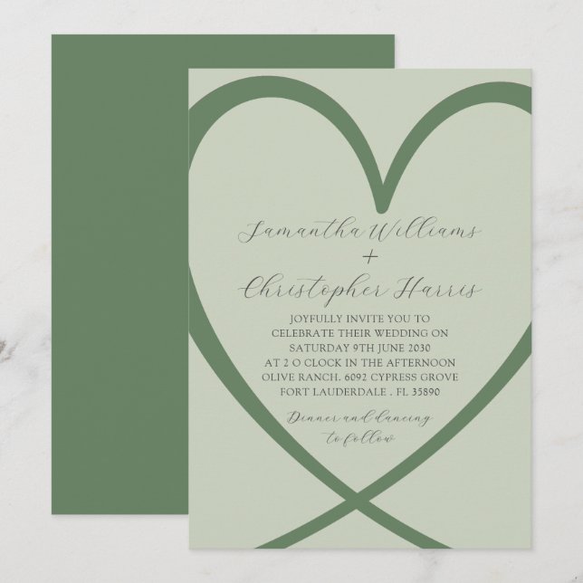 Élégant Faire-part de mariage vert Heart Sage (Devant / Derrière)
