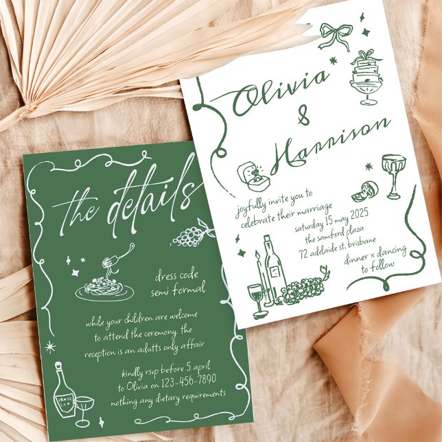 Elégant Faire-part de mariage vert rétro dessiné à (Créateur téléchargé)