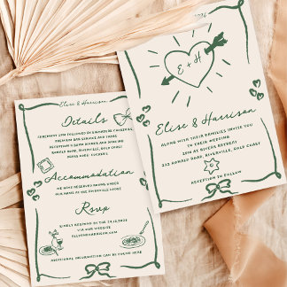 Elégant Faire-part de mariage vert rétro tiré à la
