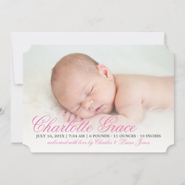 Élégant Faire-part de naissance de script rose (Devant)