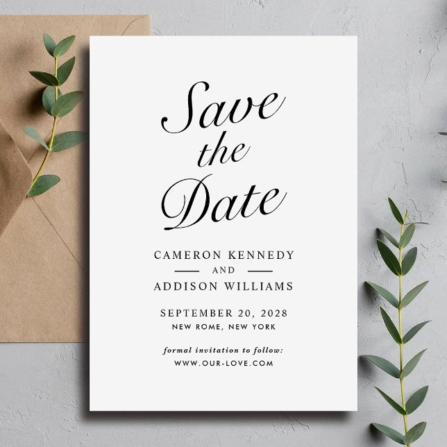 Élégant Faire-Part Moderne Noir & Blanc Écriture S (Elegant Modern Script Black + White Save The Date Holiday Card)