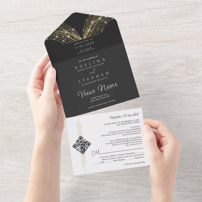 Elegant Fairy Lights Black & Gold QR Code Wedding All In One Invitation (Tearaway)