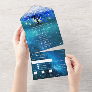 Elegant Fairy Lights Blue Heart Leaf Tree Wedding All In One Invitation