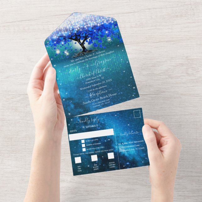 Elegant Fairy Lights Blue Heart Leaf Tree Wedding All In One Invitation (Tearaway)