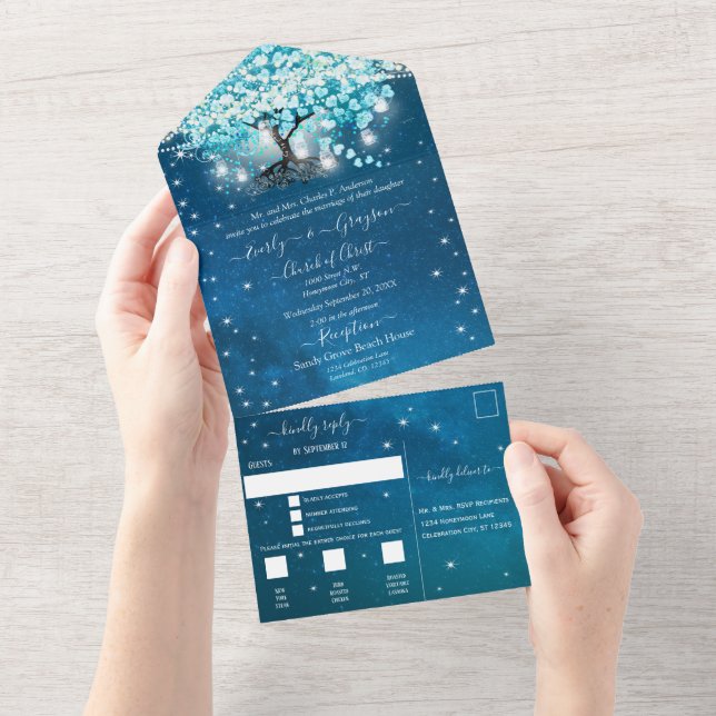 Elegant Fairy Lights Blue Heart Leaf Tree Wedding  All In One Invitation (Tearaway)