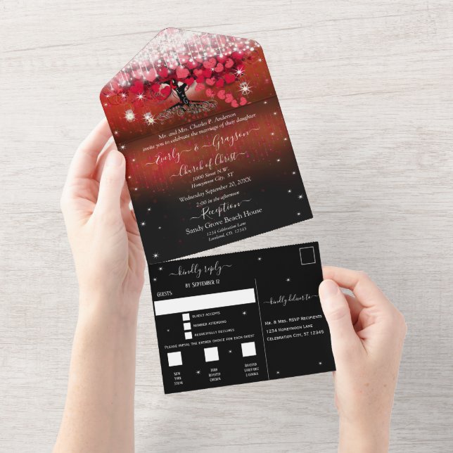 Elegant Fairy Lights Red Heart Leaf Tree Wedding A All In One Invitation (Tearaway)