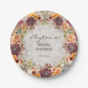 Elegant Fall Autumn Orange Burgundy Bridal Shower Paper Plate
