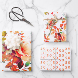 Elegant Fall Autumn Watercolor Floral 50 Birthday  Wrapping Paper Sheet