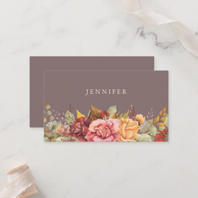 Elegant Fall/Autumnal Floral Border Thanksgiving Place Card (Front/Back In Situ)
