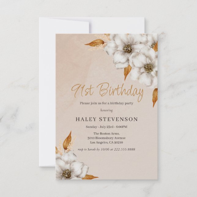 Elegant Fall Boho Chic Floral 91st Birthday Party Invitation (Front)