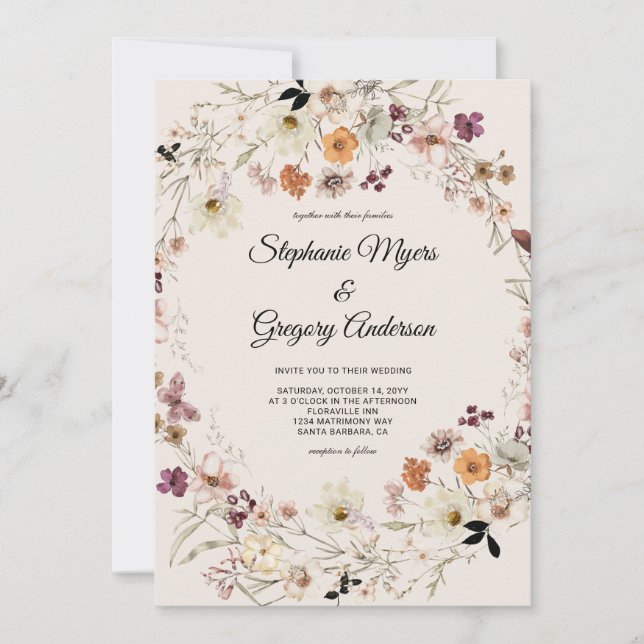Elegant Fall Boho Wildflowers Wedding Invitation (Front)