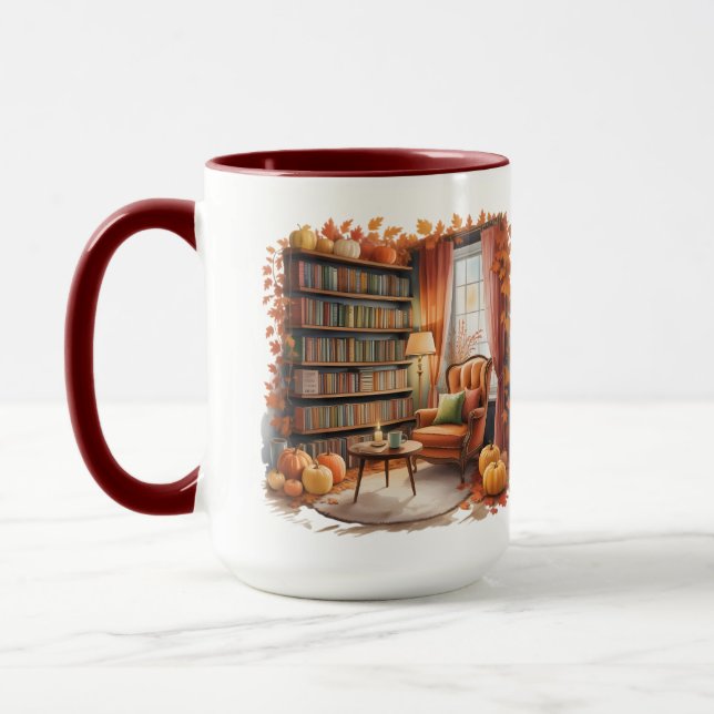 Elegant Fall Bookshelf Mug — Cozy Curtain (Left)