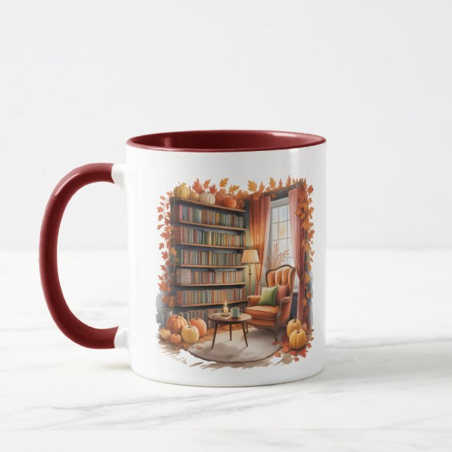 Elegant Fall Bookshelf Mug — Cozy Curtain (Left)