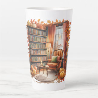 Elegant Fall Bookshelf Tasses — Cozy Curtain Latte Mug
