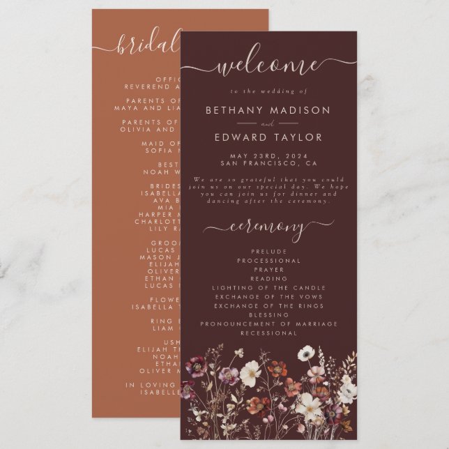 Elegant Fall Brown Floral Wedding Program (Front/Back)