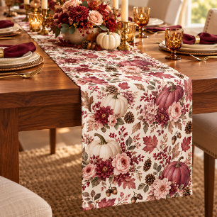 Elegant Fall Burgundy Floral Pumpkins Short Table Runner