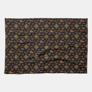 Elegant Fall Dachshund Pattern: Autumn Blooms Kitchen Towel