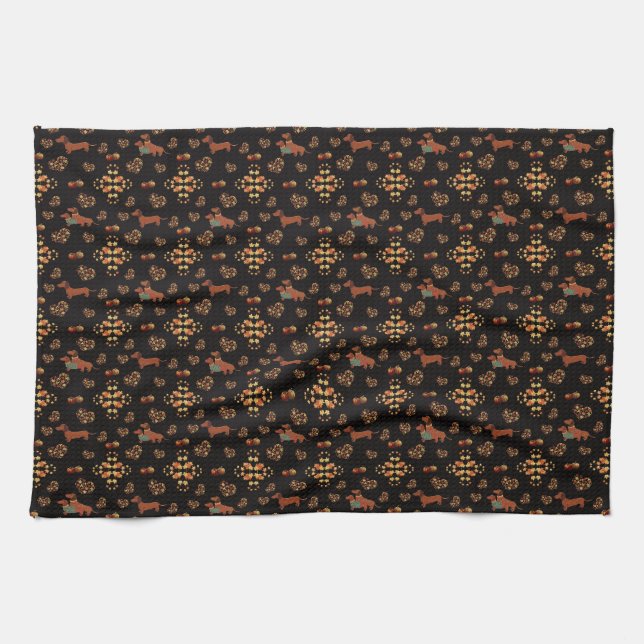Elegant Fall Dachshund Pattern: Autumn Blooms Kitchen Towel (Horizontal)