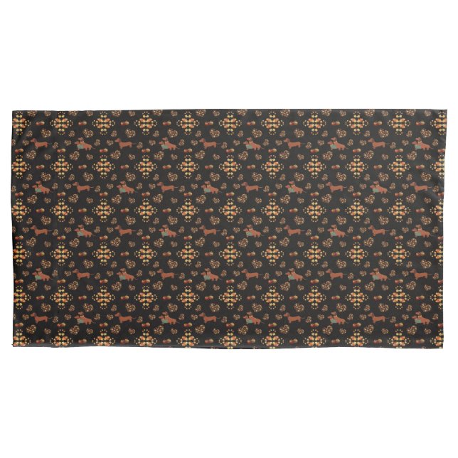 Elegant Fall Dachshund Pattern: Autumn Blooms Pillowcase (Front-Left)