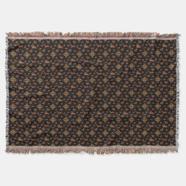 Elegant Fall Dachshund Pattern: Autumn Blooms Throw Blanket (Front)
