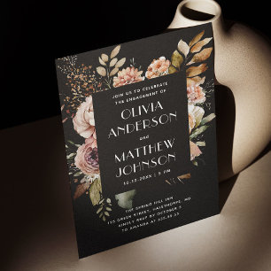 Elegant Fall Engagement Party   Black Boho Floral  Invitation