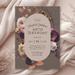 Elegant Fall Floral 60th Birthday Party Invitation<br><div class="desc">Celebrate a special birthday in luxurious style with this custom fall floral 60th birthday party invitation. Lovely cabbage roses, garden roses, berries, fall leaves and branches combine in cream, pink, and plum to add a look of warmth, rustic elegance and hospitality. A neutral mocha brown background adds contrast and interest...</div>