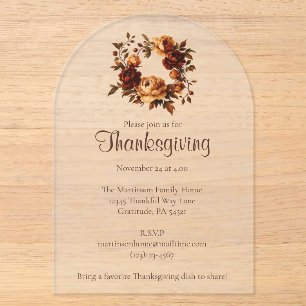 Elegant Fall Floral Autumn Wreath Thanksgiving Acrylic Invitations