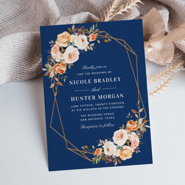 elegant fall floral blue geometric wedding invitation (Creator Uploaded)