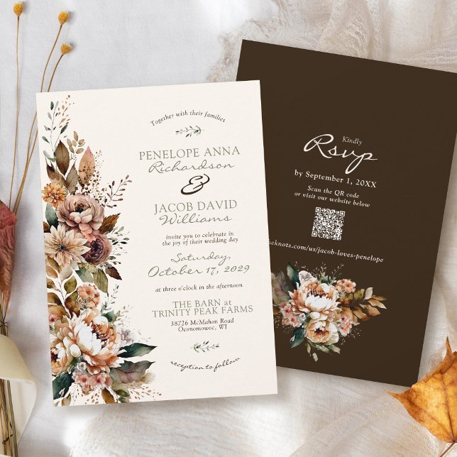 Elegant Fall Floral Dark Brown Boho Autumn Wedding Invitation (Mocha brown sage green ivory rustic watercolor fall floral Autumn leaves QR code wedding invitation)