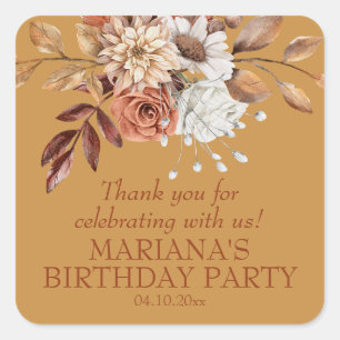 Elegant Fall Floral Gold Party Favour Square Sticker
