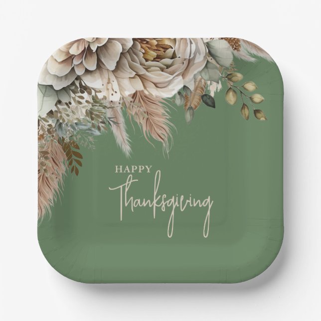  Elegant Fall Floral Happy Thanksgiving Paper Plate (Front)