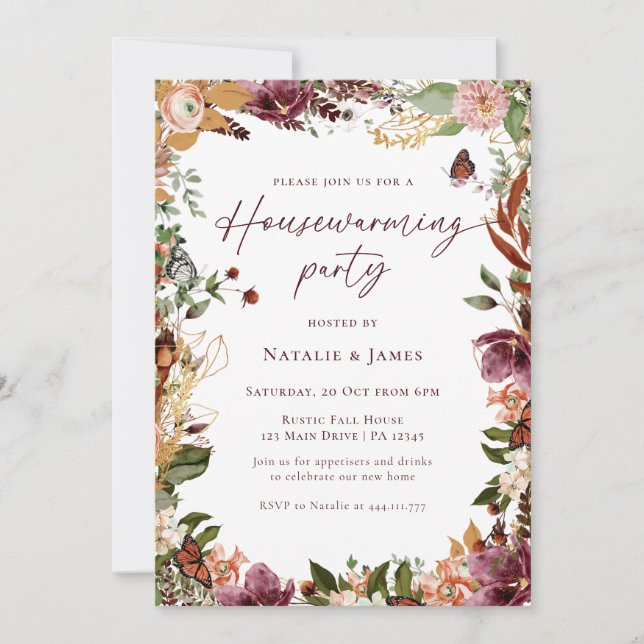 Elegant Fall Floral Housewarming Party Invitation (Front)