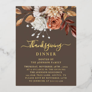 Elegant Fall Floral Leaves Thanksgiving Gold Foil Invitation Postcard